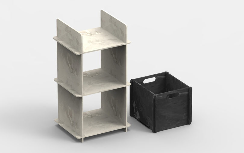small pieces of rudimentary furniture constructed from marble-like material