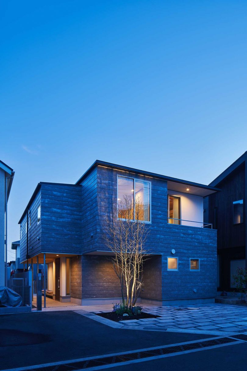 exterior of modern Japanese home at dusk