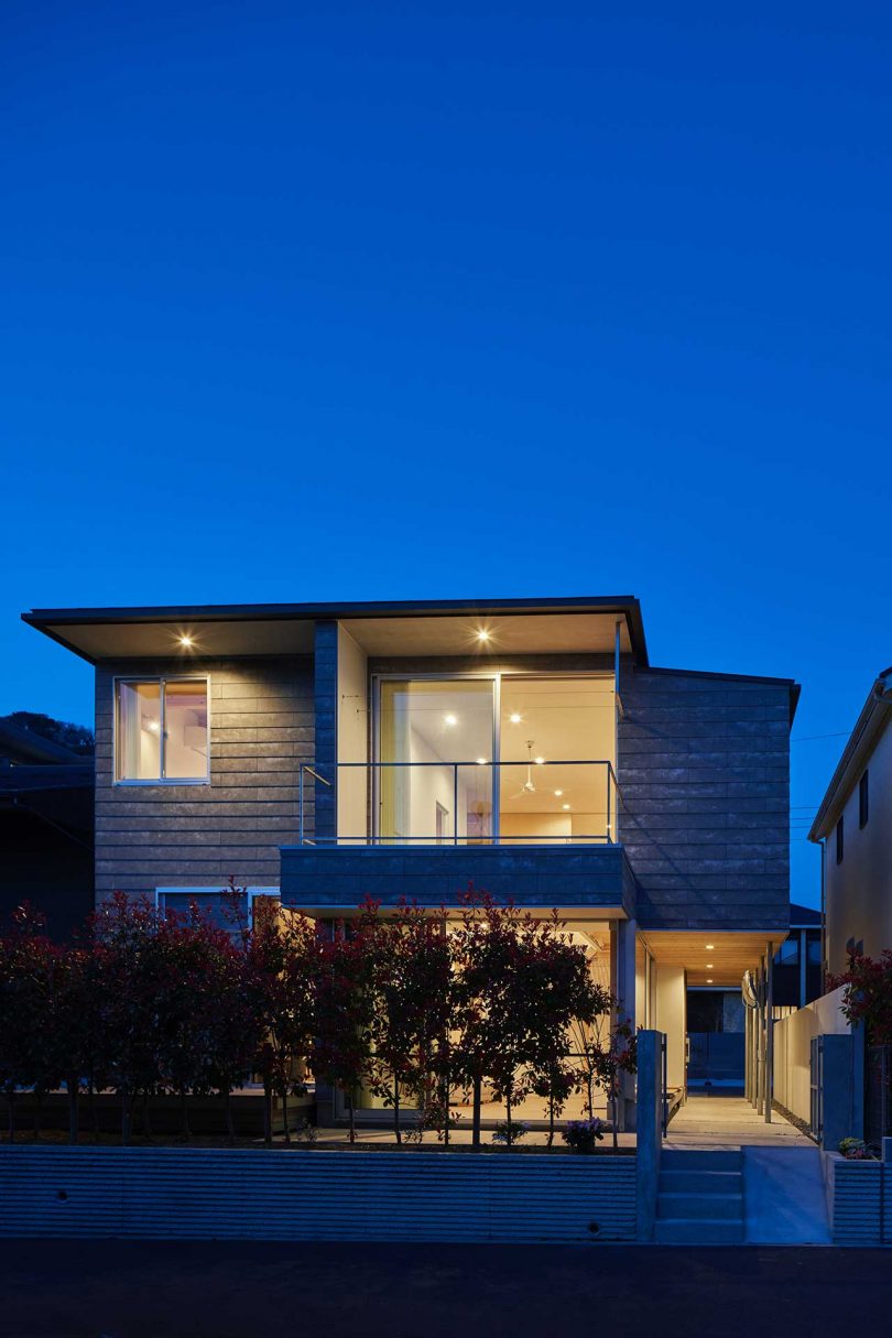 exterior of modern Japanese home at dusk