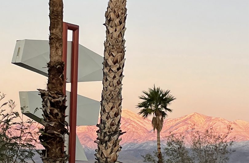 pink sunset over mountains with palm trees