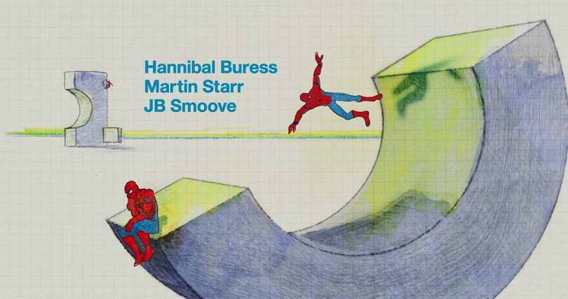 still from intro to Spider Man No Way Home showing two illustrated Spidermans on a U-shaped sculpture
