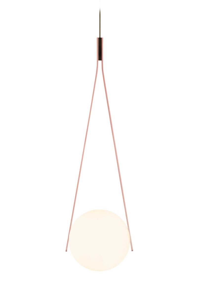 suspended pendent light orb on white background