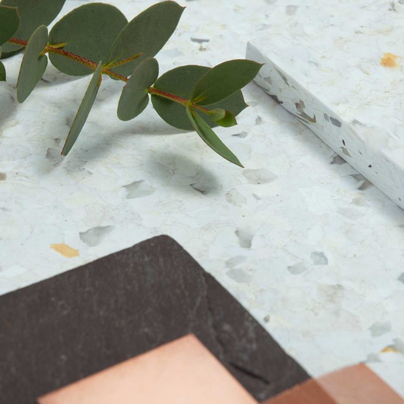 corner angled view of speckled terrazzo like material
