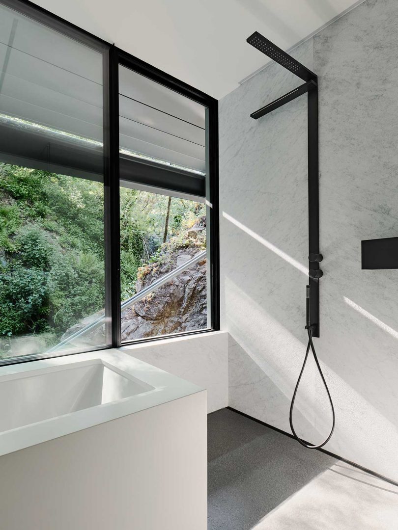 interior view of modern black and white bathroom