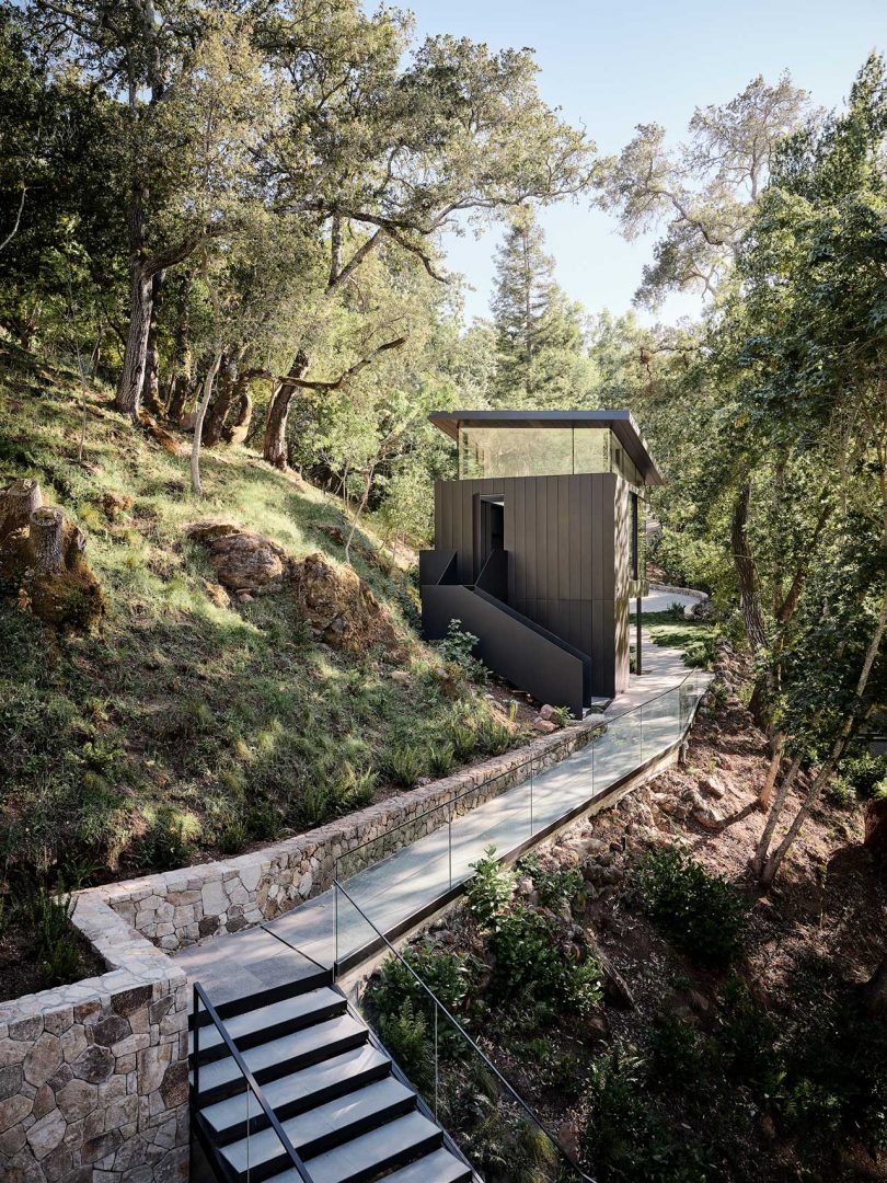 hillside view looking to modern guesthouse