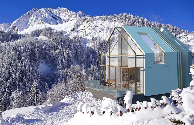 نمای زاویه‌دار جانبی کلبه‌های مدرن سوئیسی با پس‌زمینه برفی