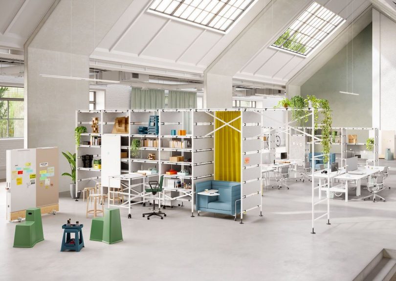 white workspace with lots of while, modular shelving