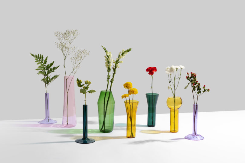 display of colorful glass vases