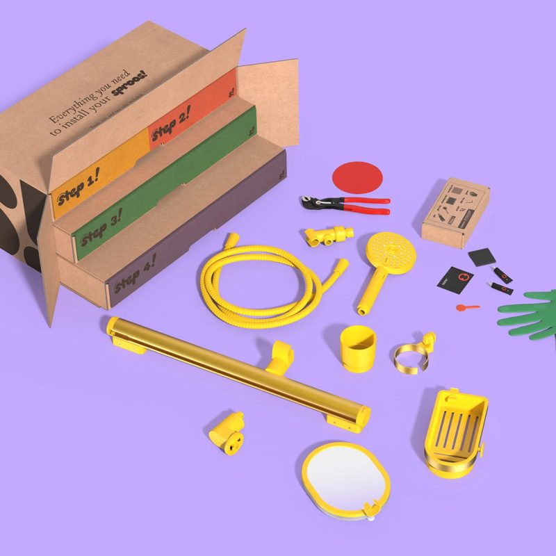 Sproos showerhead parts shown before assemble with box against purple background.