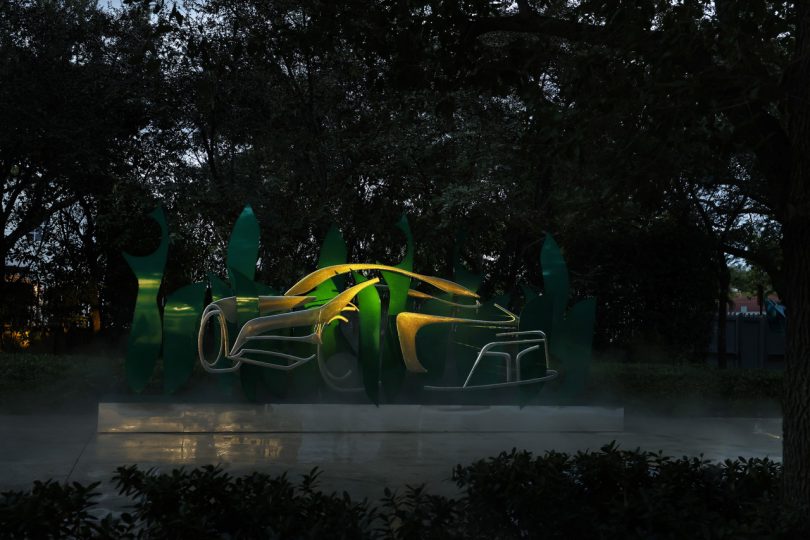 green metal public installation at night
