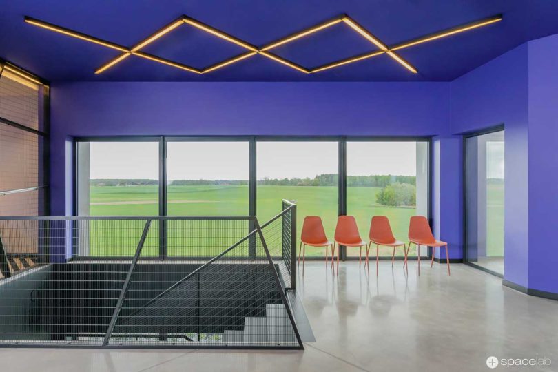 modern office interior with bold purple accents and diagonal black and white stripes