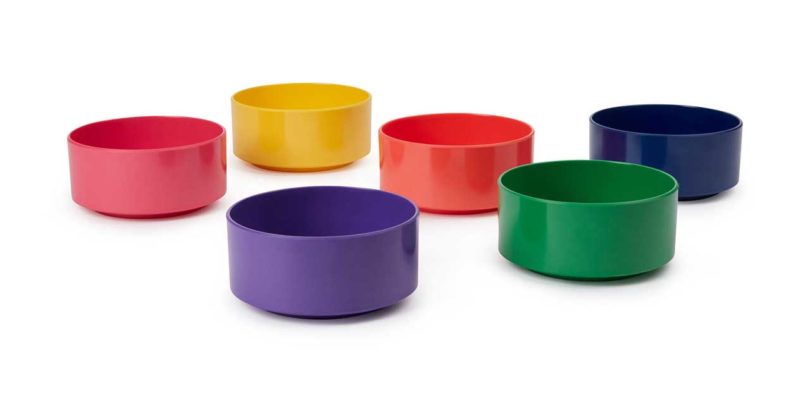 six rainbow colored bowls lined up