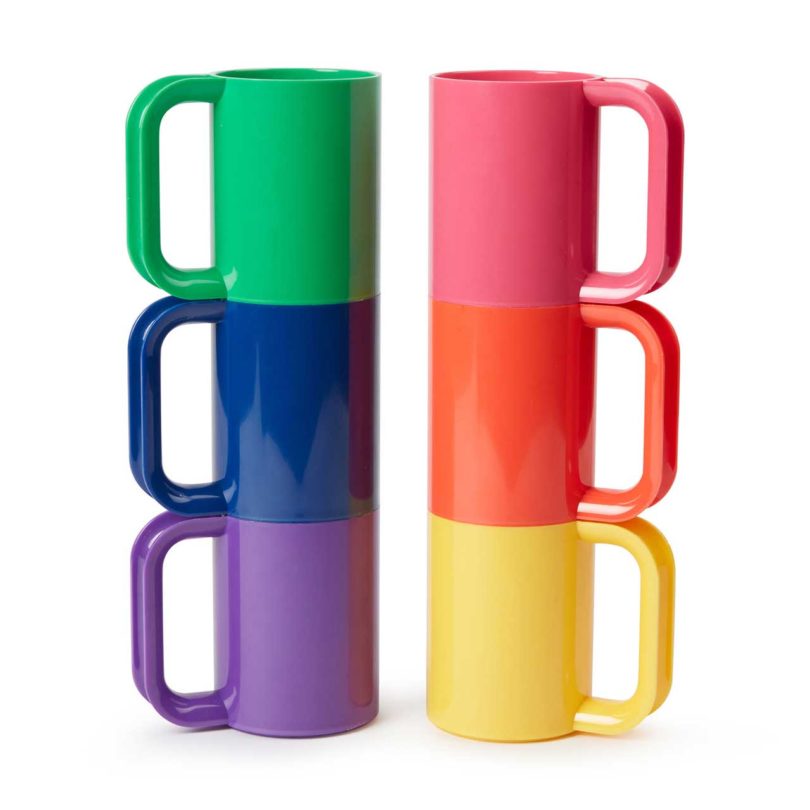 two stacks of rainbow colored dinnerware mugs