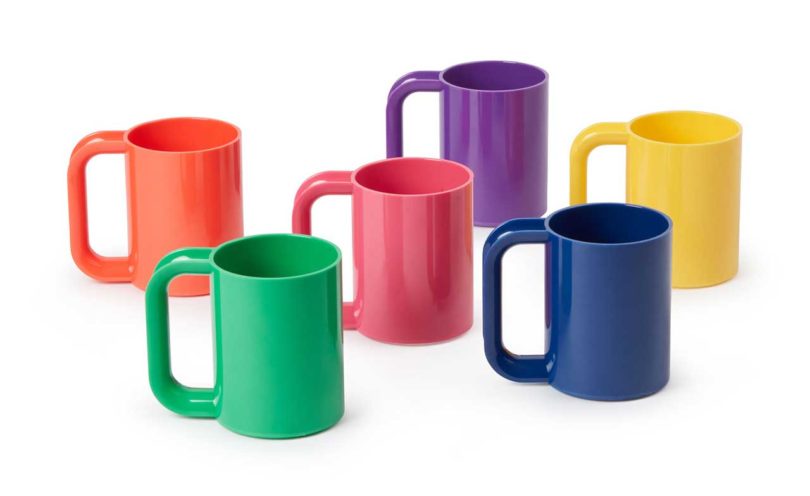 six rainbow colored dinnerware mugs