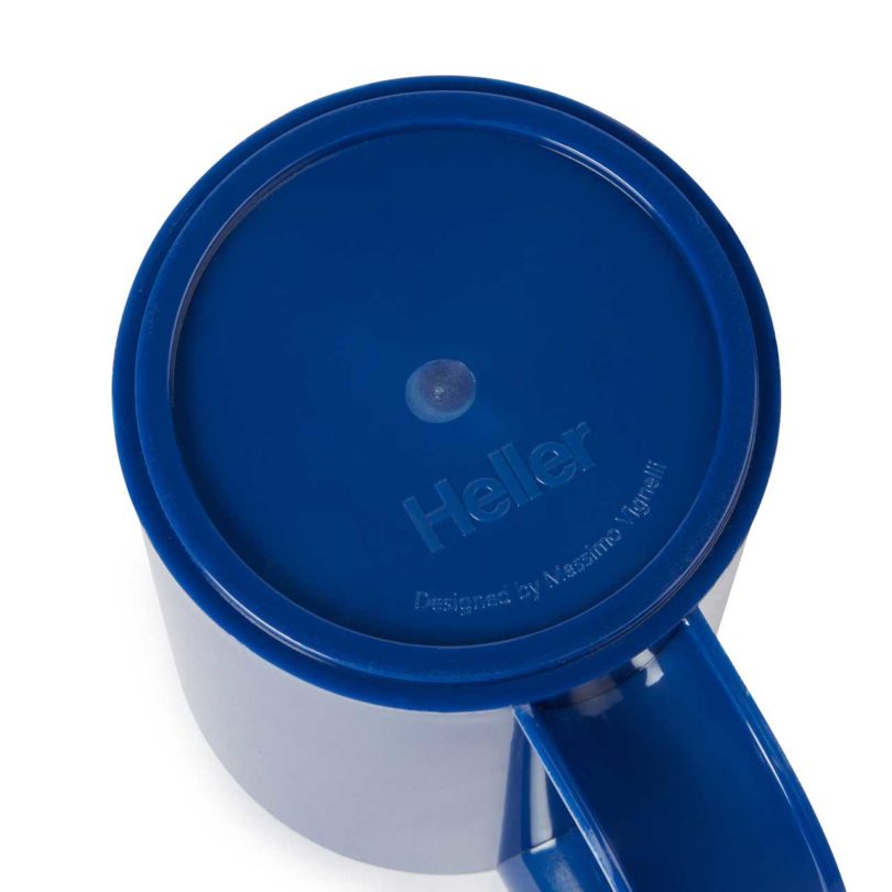 bottom of blue plastic mug with heller logo
