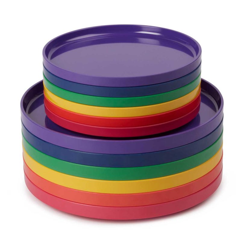 two stacks of rainbow colored dinnerware