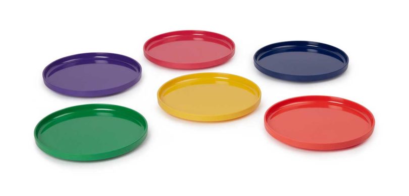 six rainbow colored dinnerware plates