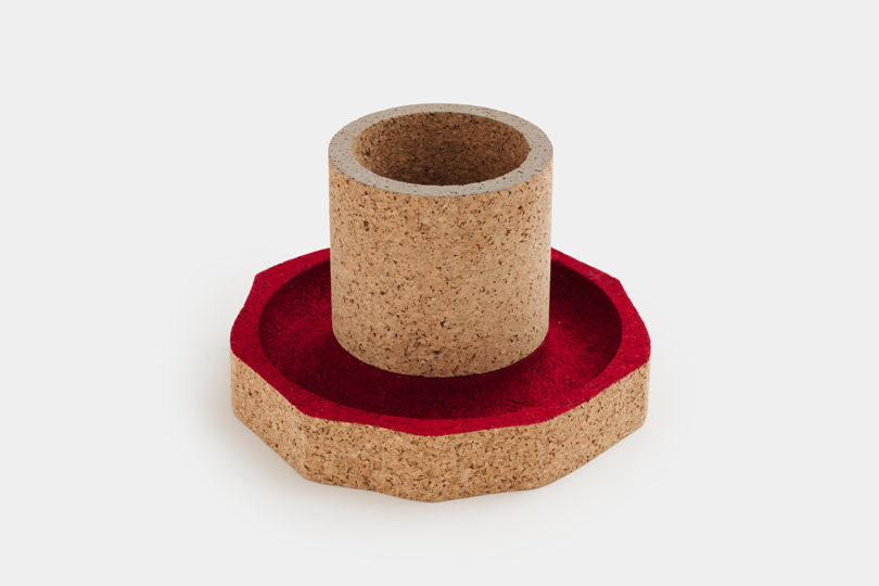 cork pencil cup with red and grey detailing
