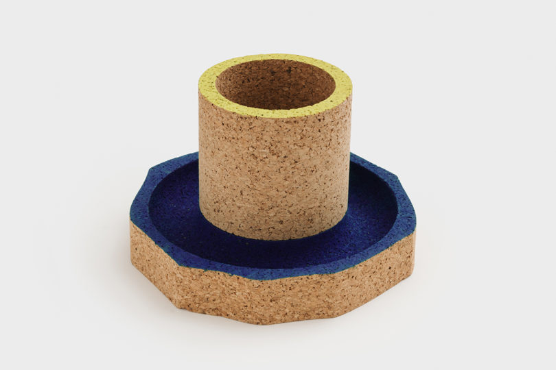 cork pencil cup with navy blue and neon yellow detailing