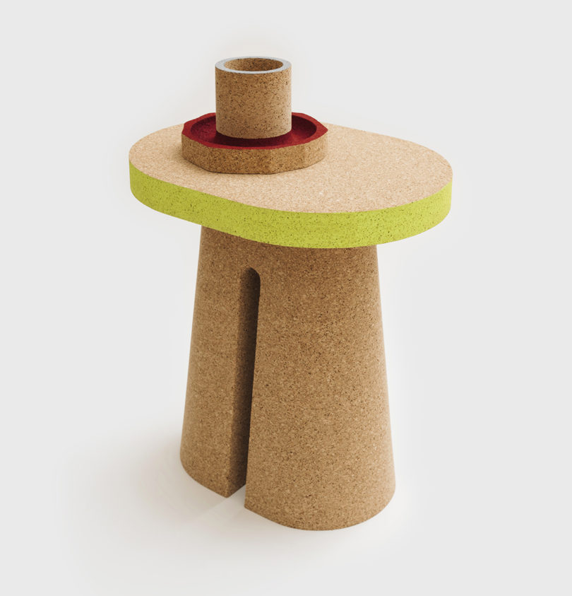 cork side table with neon yellow edging