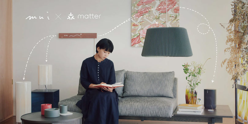 Photo and graphics showing interoperability between Mui Board and Matter-ready devices with young Japanese woman seated on small gray sofa. 