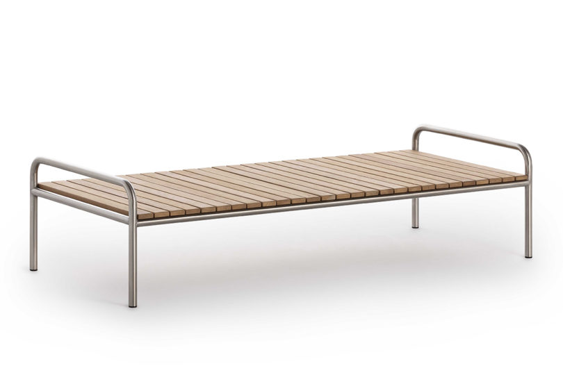 metal and wood slatted coffee table