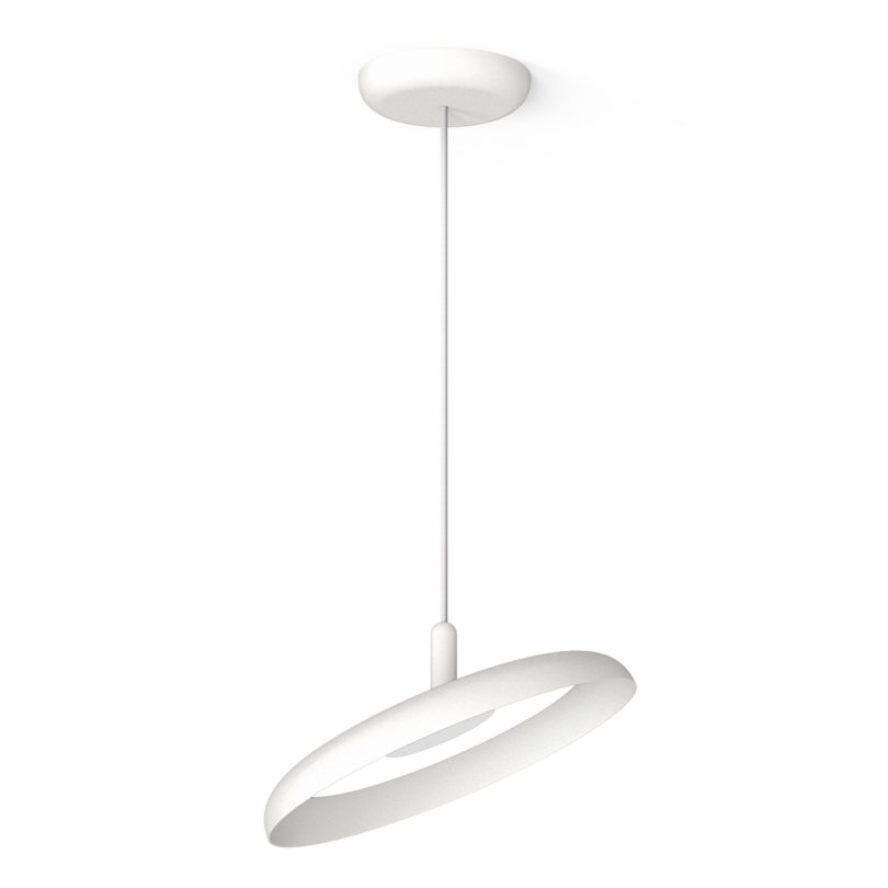 suspended white disc-shaped pendant light on white background