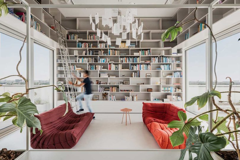 modern living space with two sofas and walls of bookcases