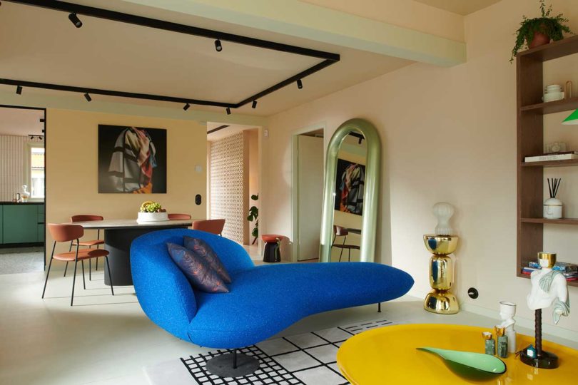 Modern living room interior with eclectic colorful furnishings