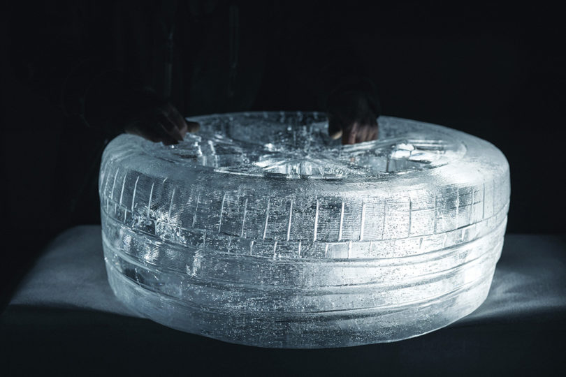 Details of Polestar automotive parts/tire carved from ice.