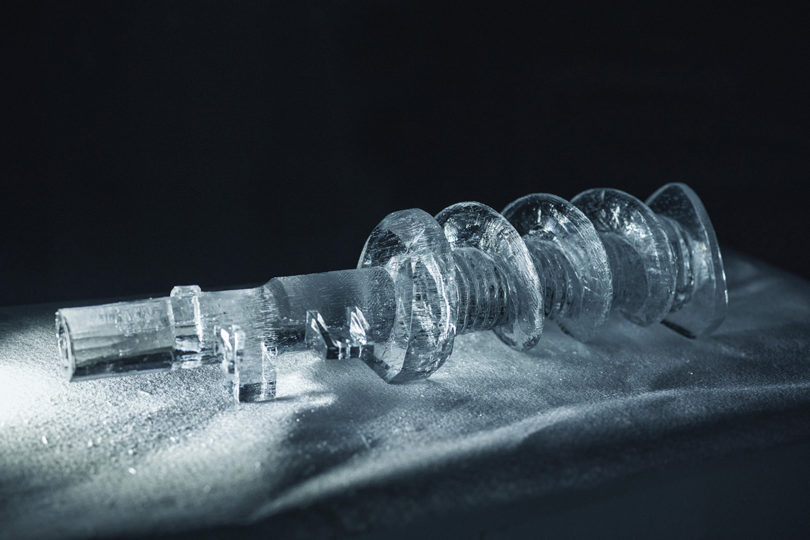 Details of Polestar automotive parts carved from ice.