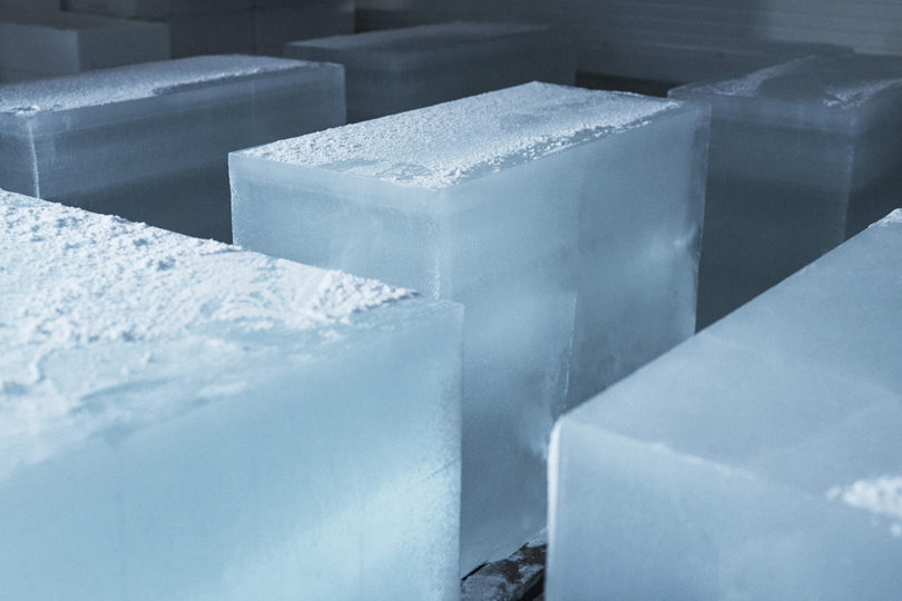 Numerous giant blocks of ice stored to for use to build Polestar Spaces structure.
