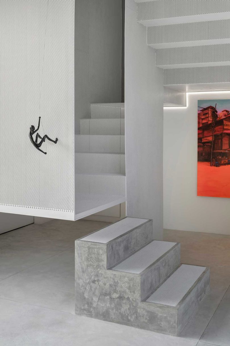 interior shot of modern home closeup of mesh enclosed staircase