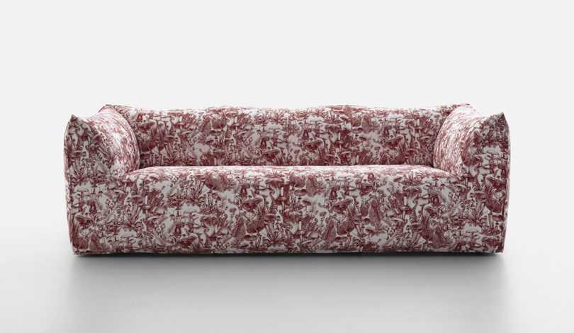 dark red and white mushroom toile upholstered sofa