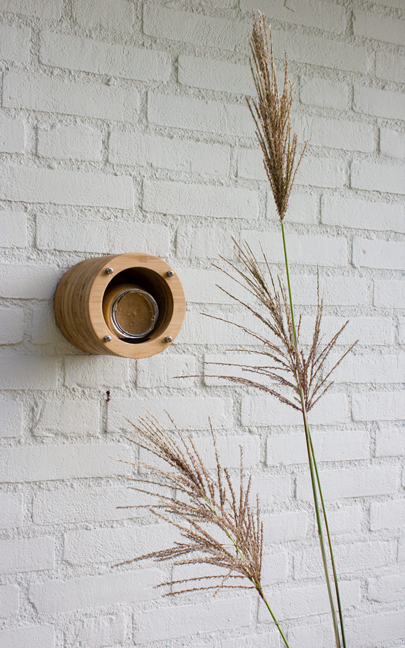 cylindrical bamboo bird feeder mounted on an outer wall
