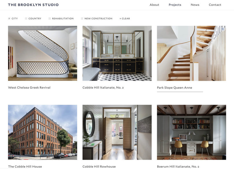 Screen capture of The Brooklyn Studio website's portfolio page showing recent architectural projects around New York City.