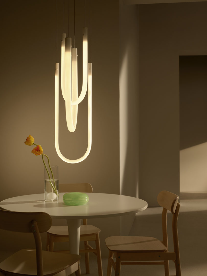 styled interior space with dining table and chairs, curved pendant lighting, a glass vase, and donut-shaped object
