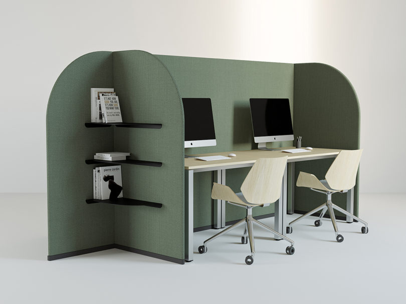 green office wall dividers organized into cubicles