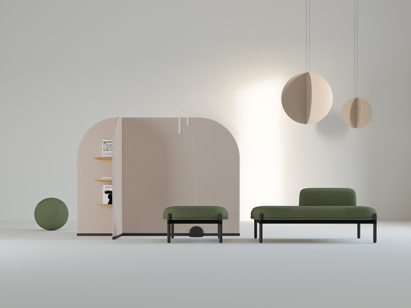 styled office wall dividers with a sofa and a bench