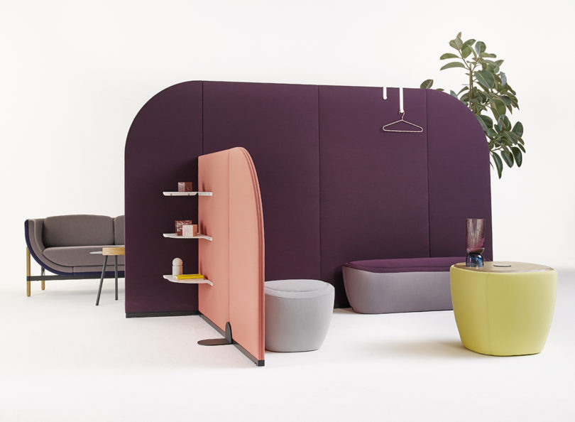 colorful, rounded office wall dividers and planters