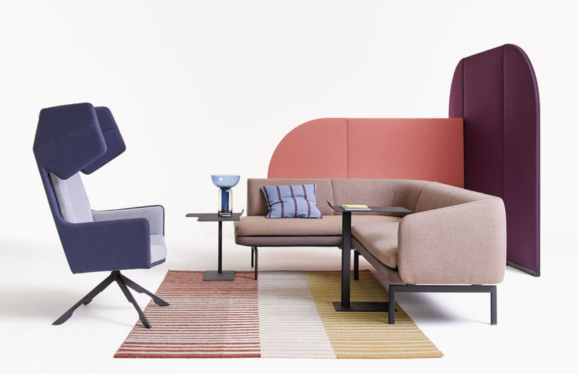 colorful, rounded office wall dividers with a modular sofa and armchair