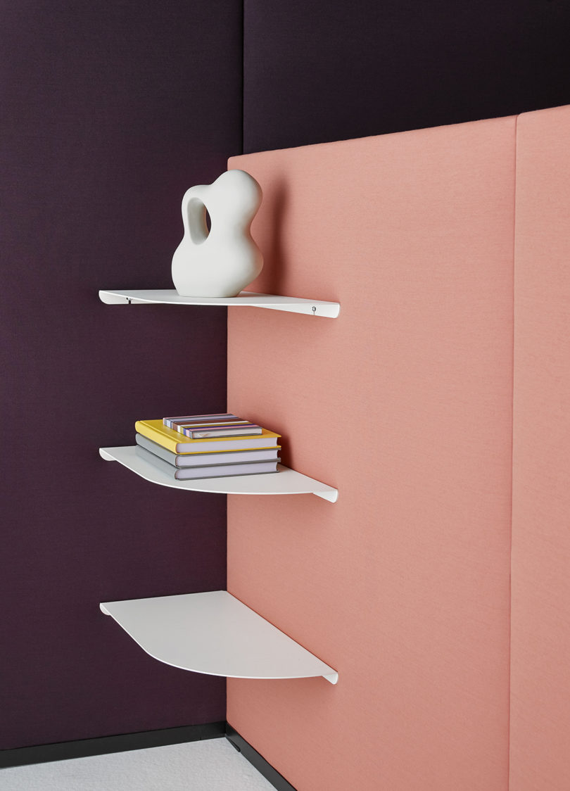 colorful office wall dividers and three corner bookshelves