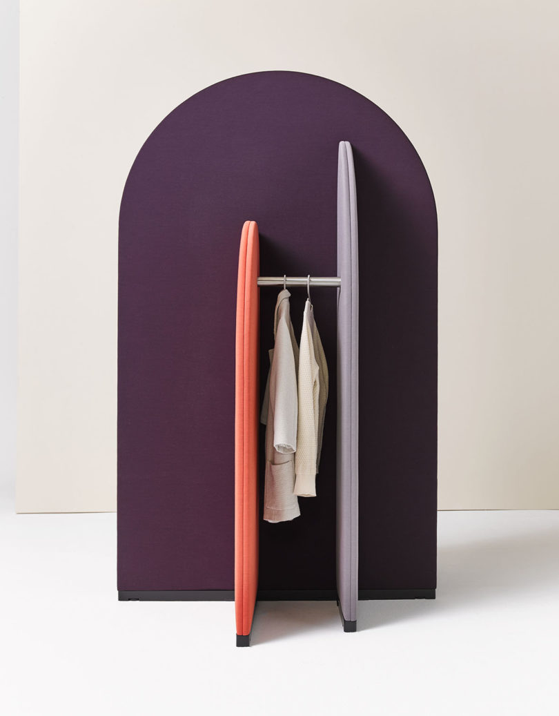 colorful office wall dividers with a garment rod