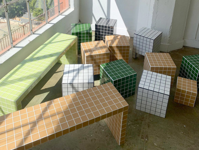 A selection of past tiled seating and side table designs finished in colorful green, white, lime and orange tile finishes.