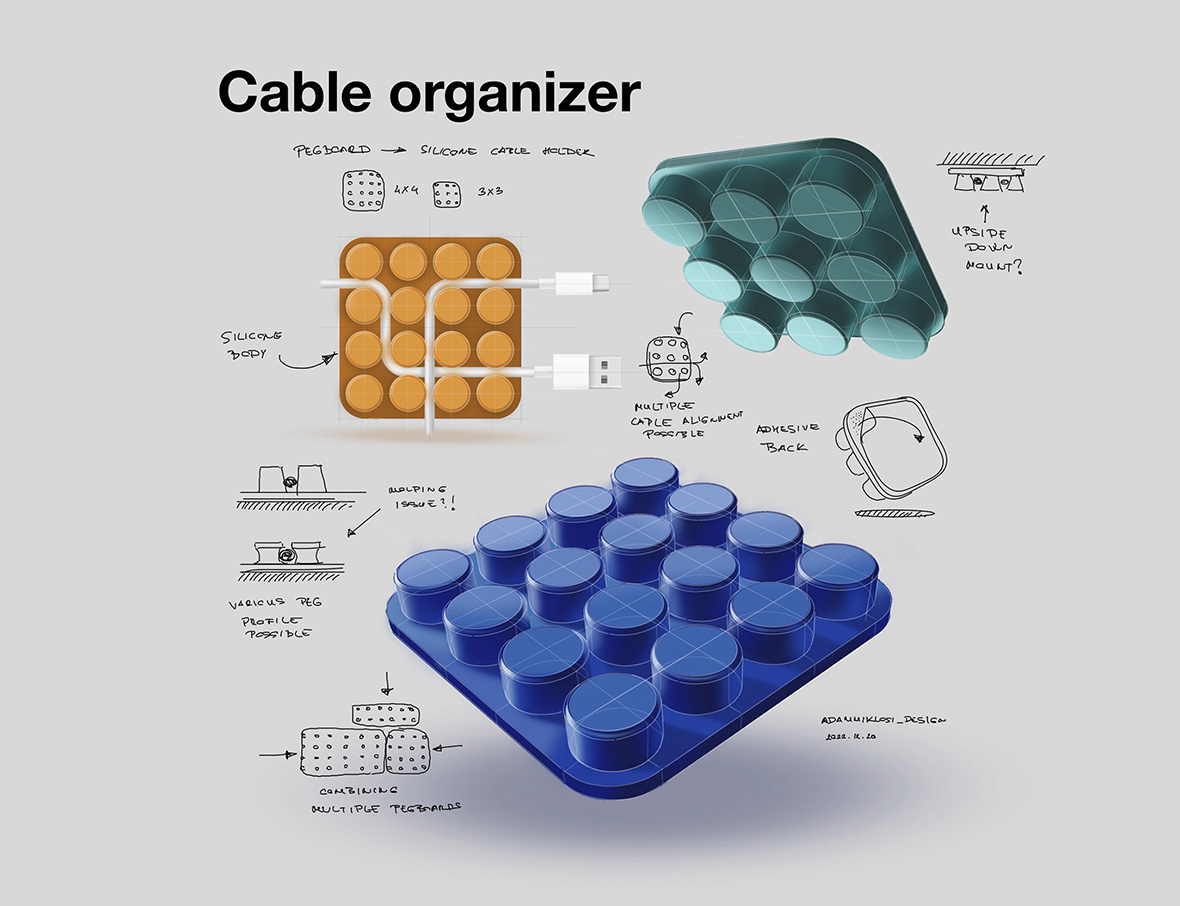 Computer sketch and plan view of the cable organizer accessory in blue, orange and green editions.