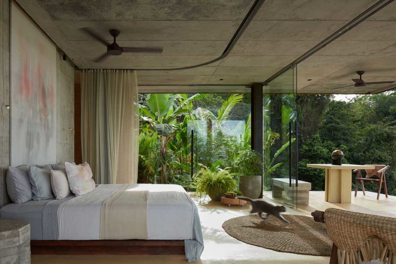 side view of modern bedroom with views looking out floor to ceiling windows to tropical plants