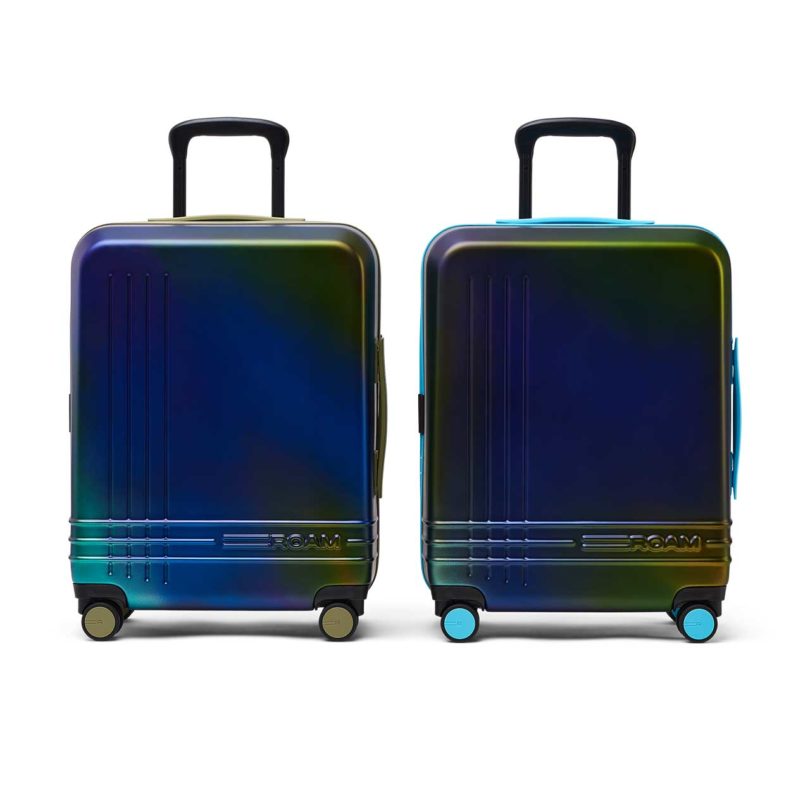 two iridescent blue and green suitcases