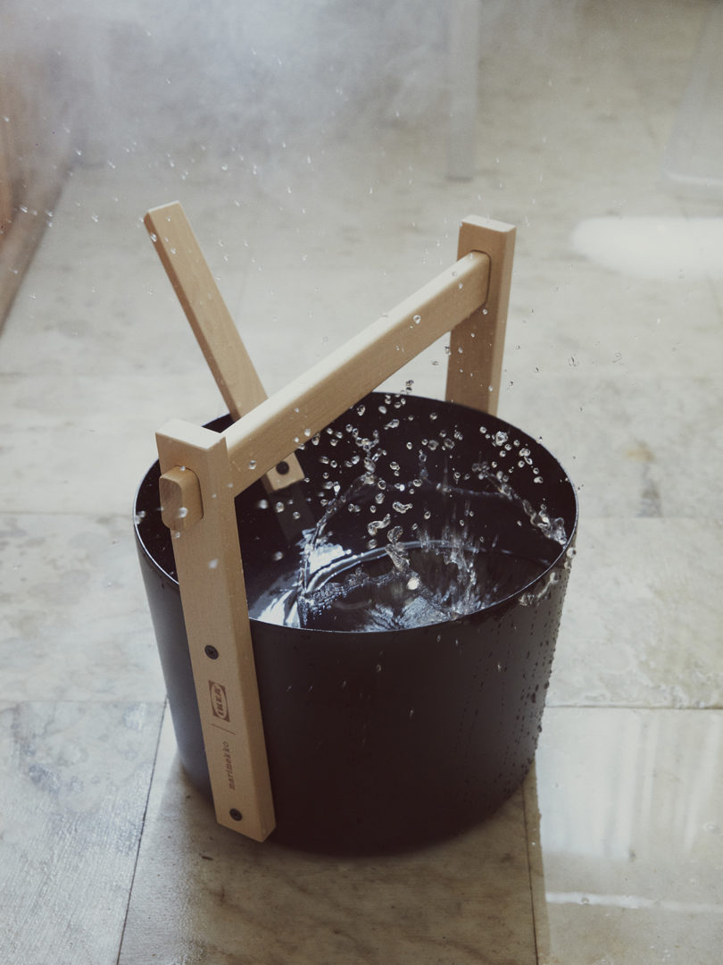 black sauna bucket with ladle