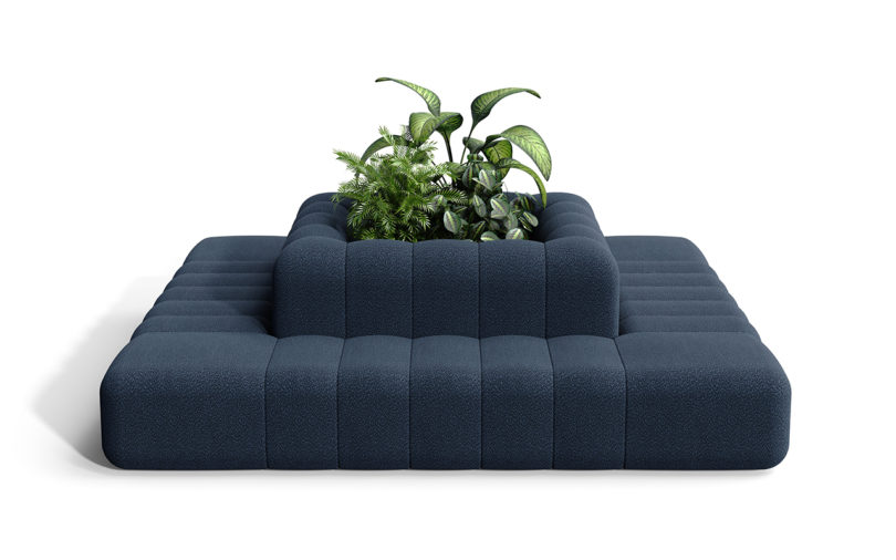large upholstered bench surrounding a central planter