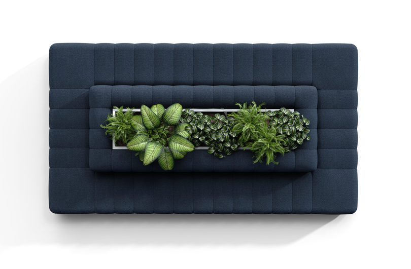 large upholstered bench surrounding a central planter